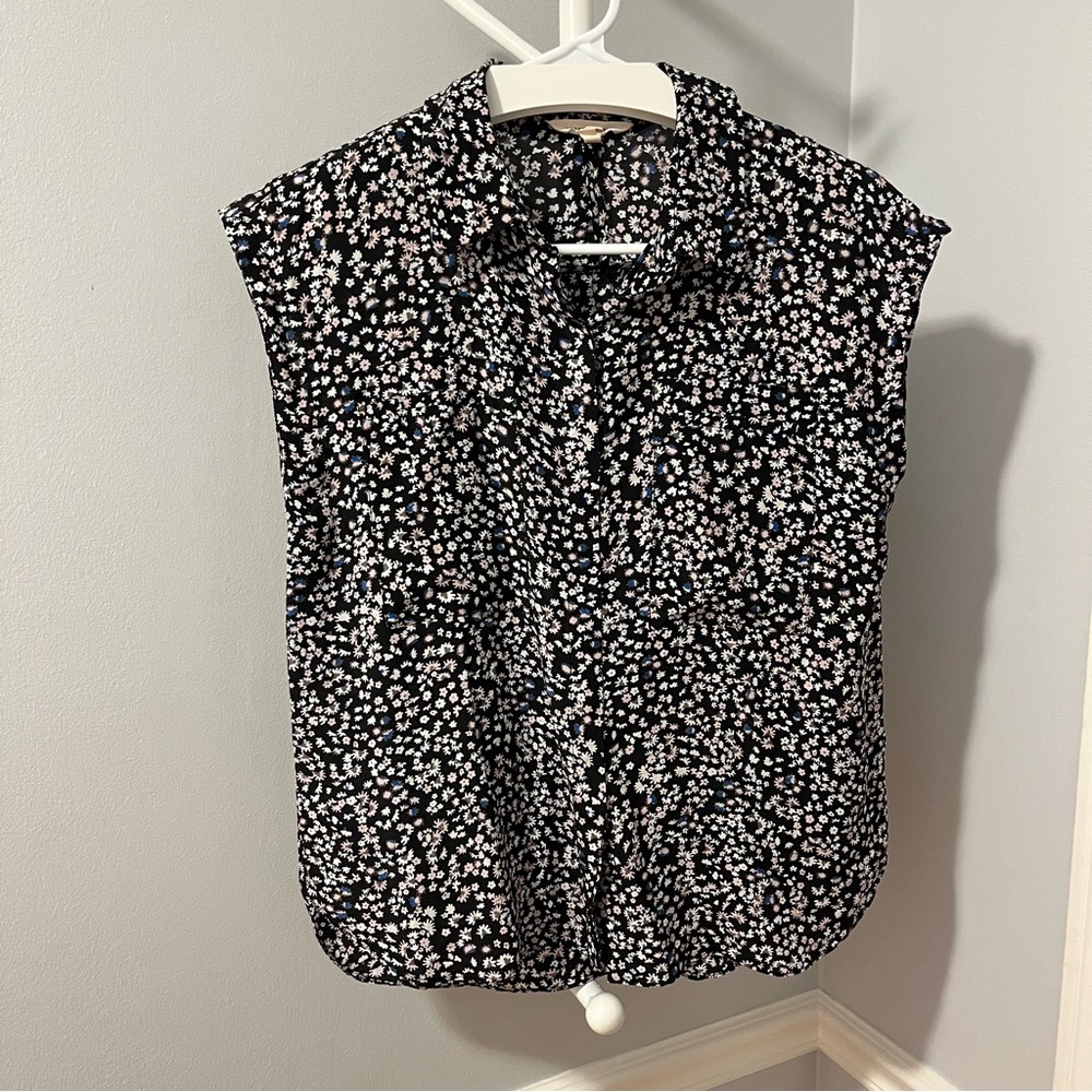 Rebecca Taylor 100% Silk sleeveless collared floral navy blouse button down EUC